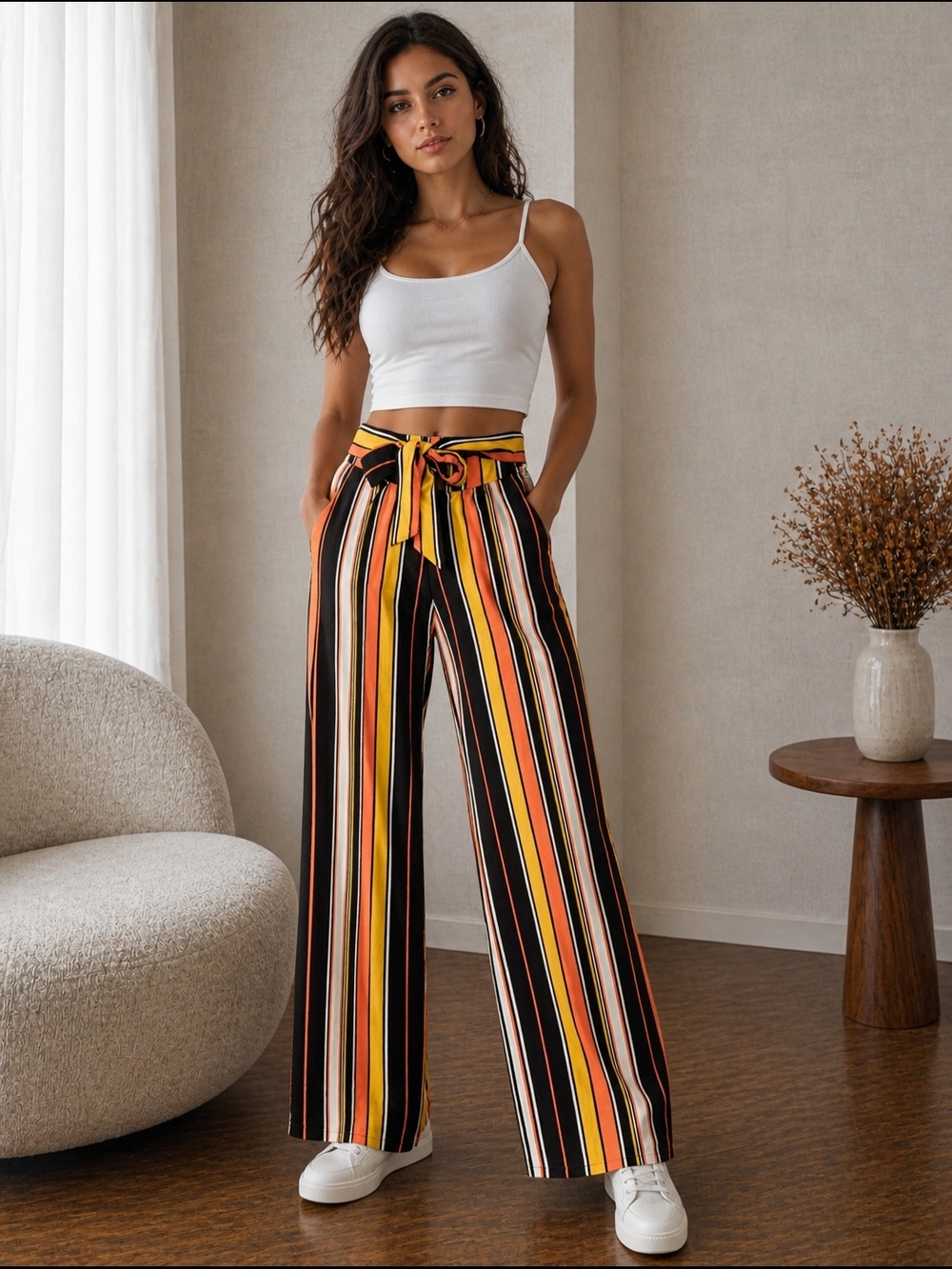 Guess Striped Wide-Leg Tie-Waist Pants - Black, Yellow & Orange